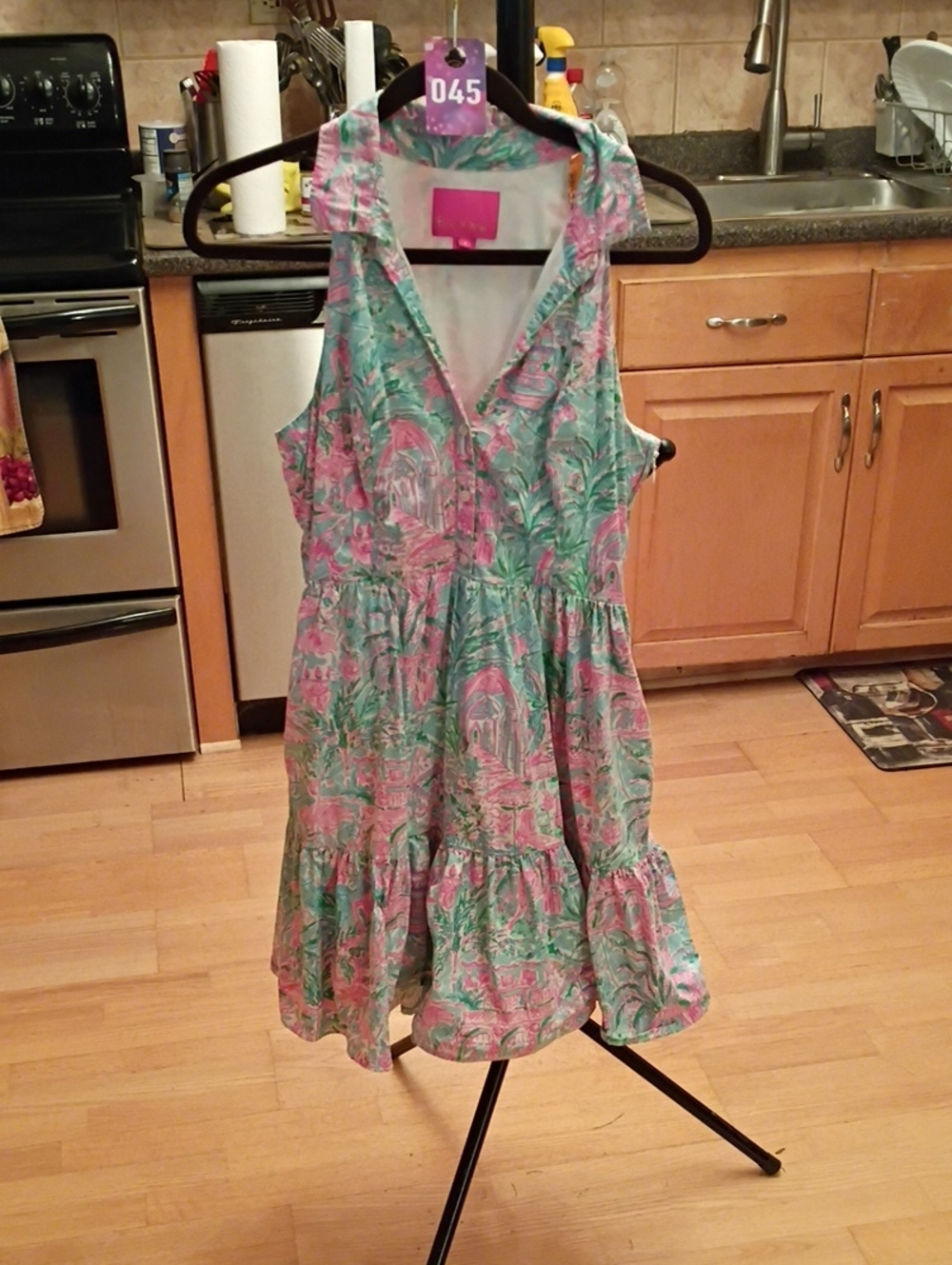 Lilly Pulitzer Pink & Teal Tropical Tiered V-Neck Midi Dress